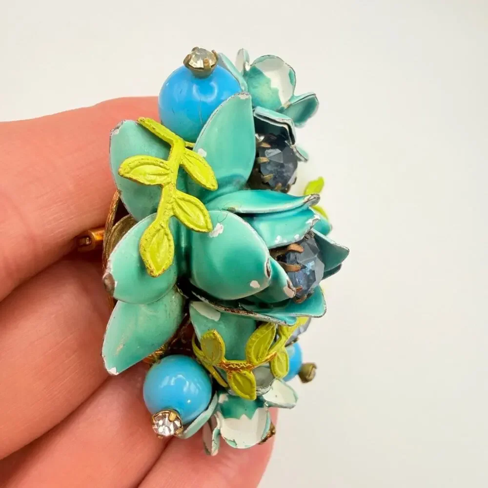 Vintage Enamel Flower Cluster Brooch Turquoise Blue Rhinestone MOP Pin